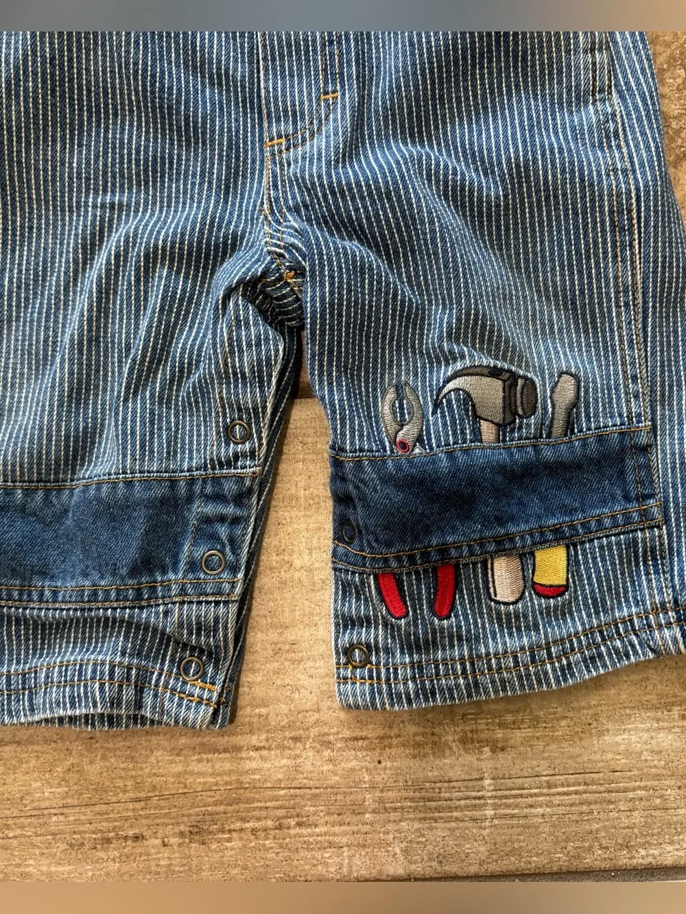 Vintage Y2K Small Steps Overalls Striped Denim “T is For Tools” size 12 month
